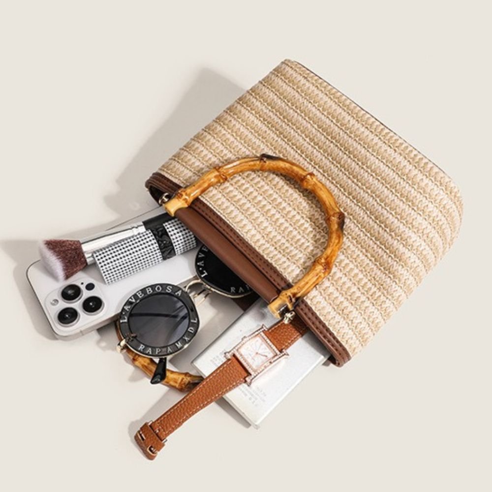 Straw crossbody bucket bag