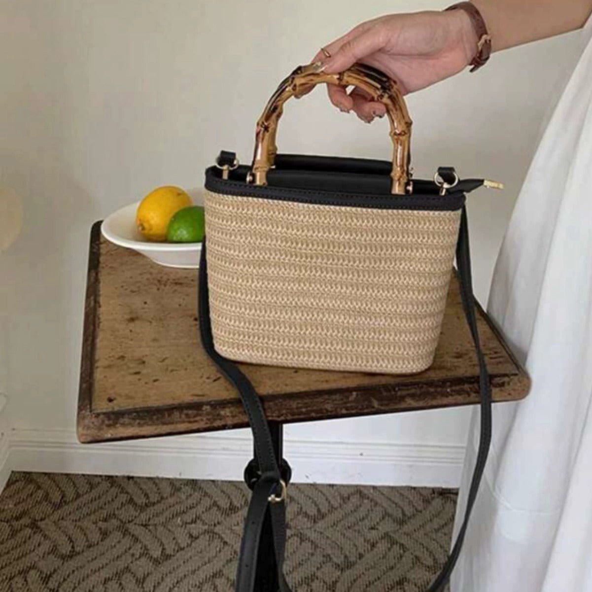 Straw crossbody bucket bag