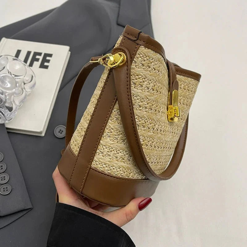 Straw bucket crossbody bag