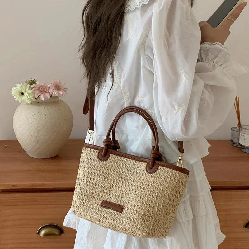 Beige straw crossbody bag