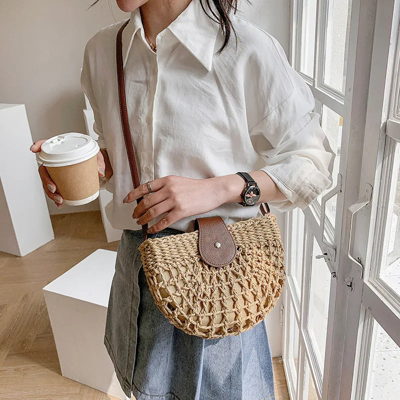 Straw Crescent Crossbody Bag