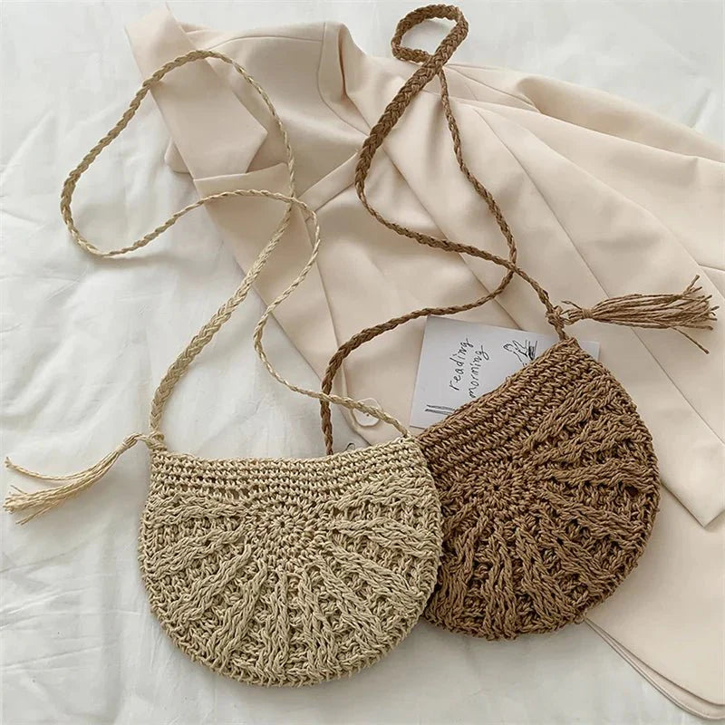 Straw crescent crossbody bag