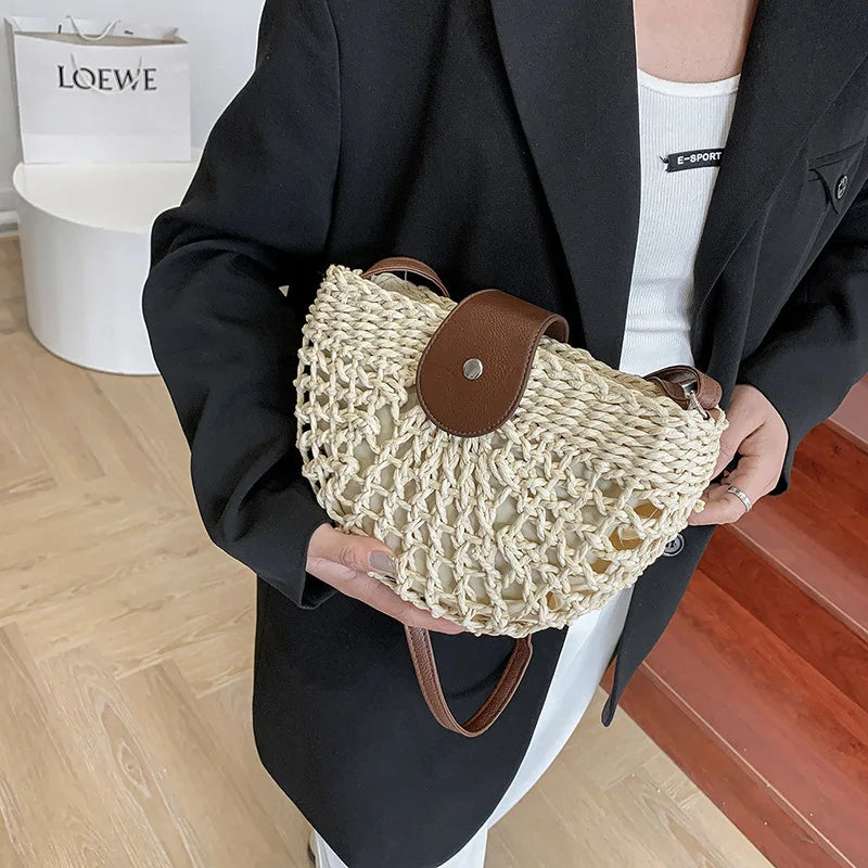 Straw Crescent Crossbody Bag