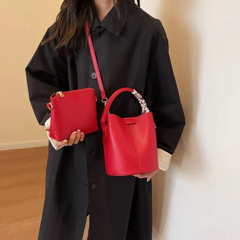 Leather red bucket crossbody bag