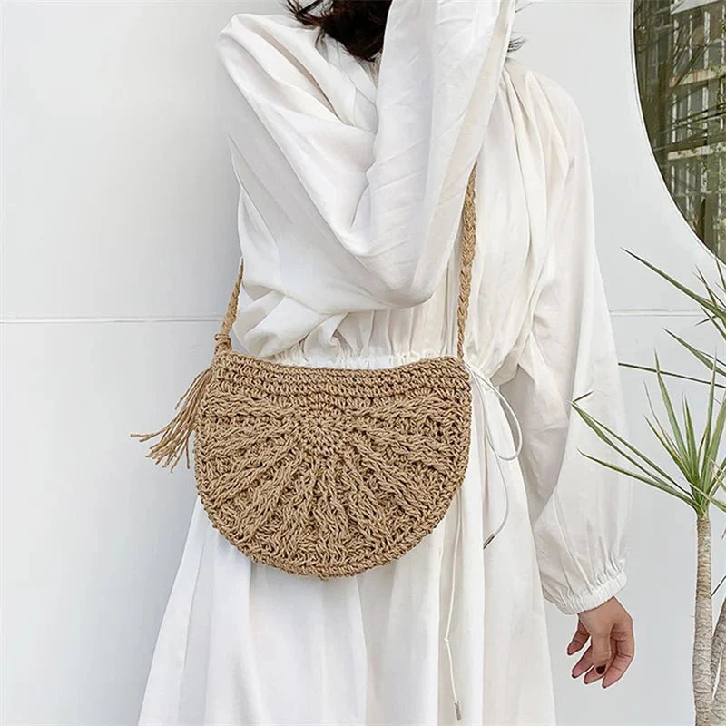 Straw crescent crossbody bag