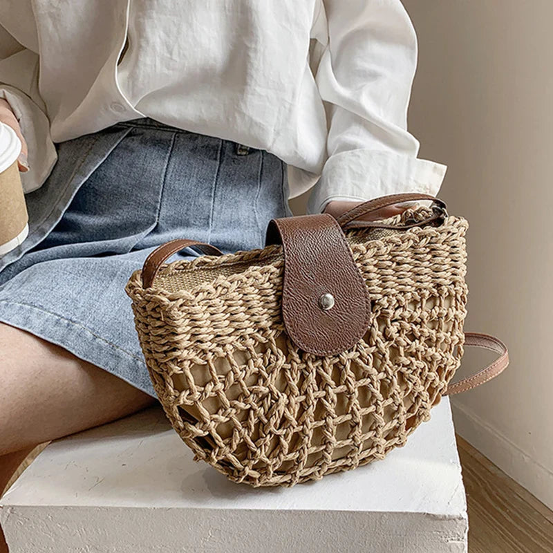 Straw Crescent Crossbody Bag
