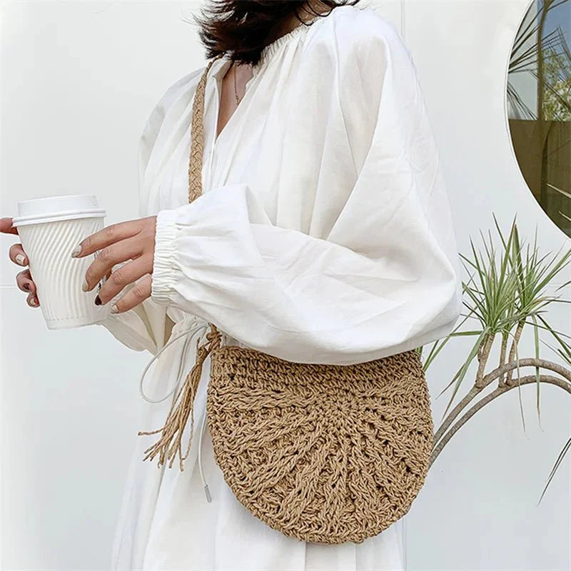 Straw crescent crossbody bag