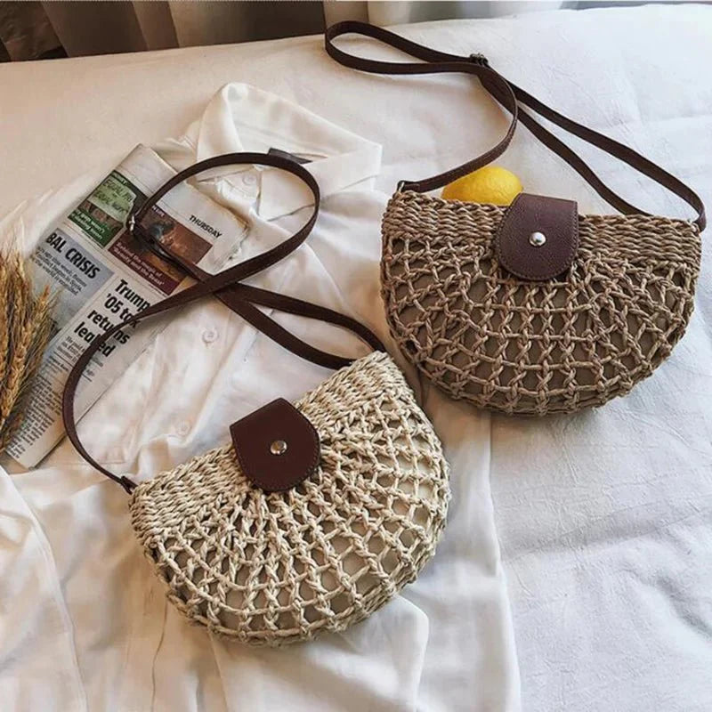 Wicker Half Moon Bag