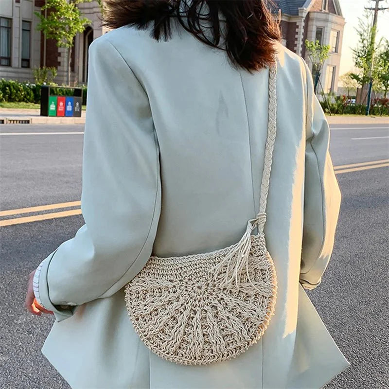 Straw crescent crossbody bag