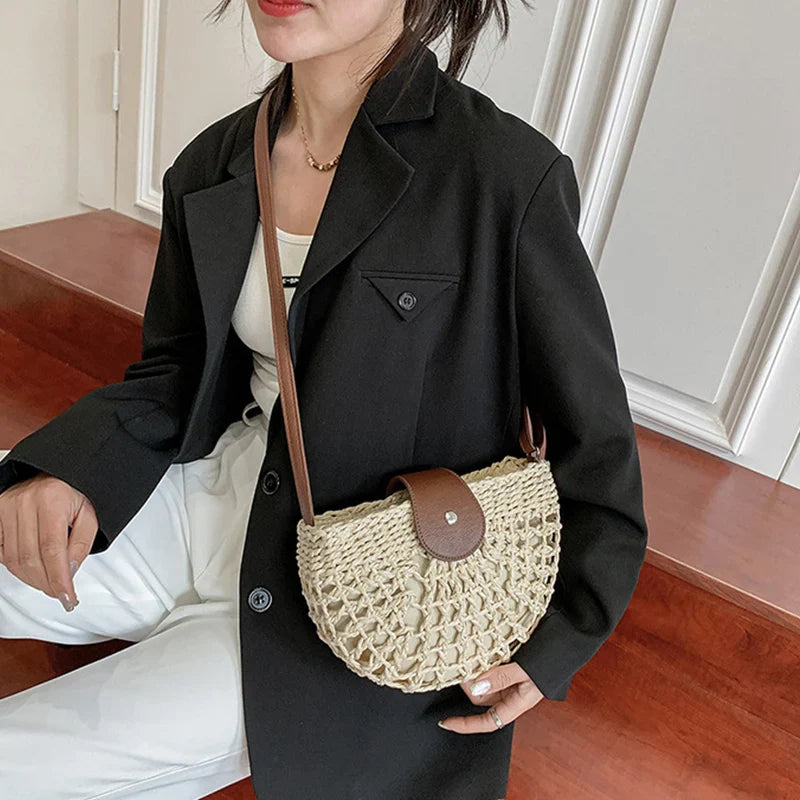 Straw Crescent Crossbody Bag
