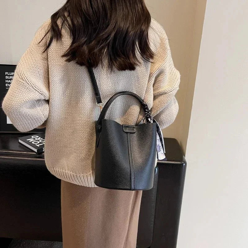 Leather red bucket crossbody bag