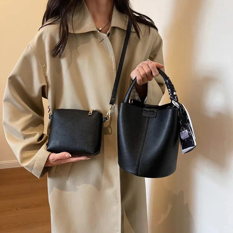 Leather red bucket crossbody bag