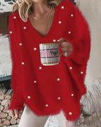V-Neck Beaded Long Sleeve Fluffy Oversized Pullover Sweater