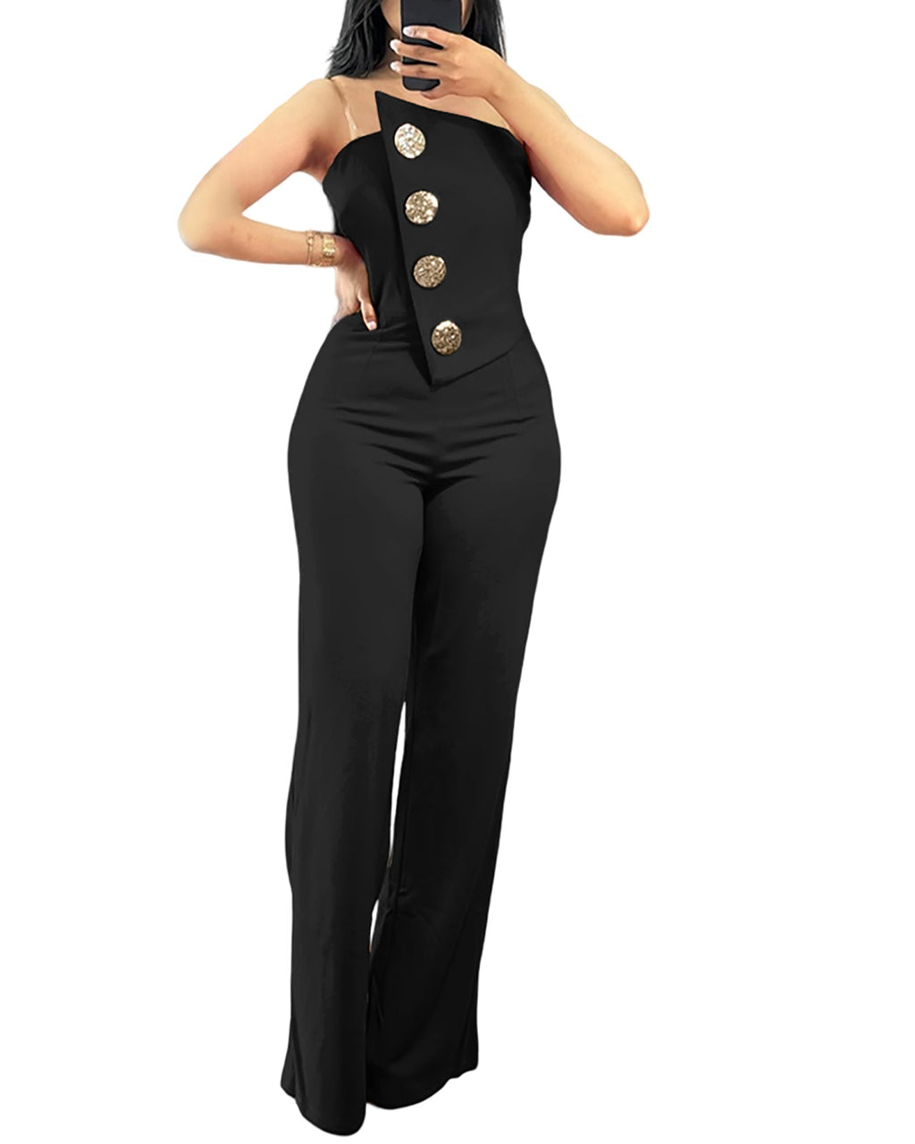 Asymmetrical Strapless Overalls with Metal Button Accents