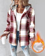 Hooded Plaid Shacket with Long Sleeves and Fleece Lining