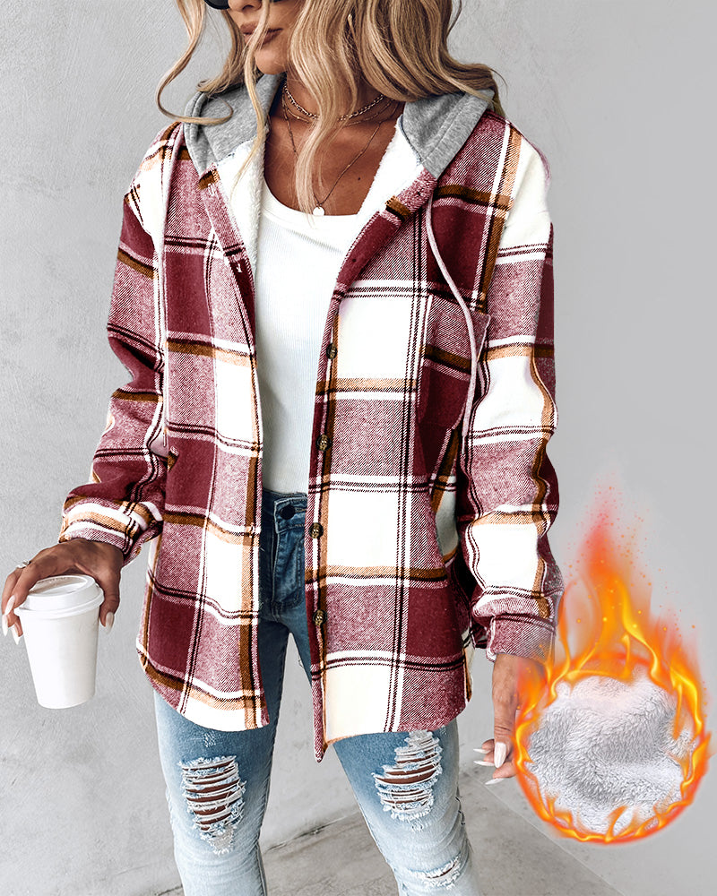 Hooded Plaid Shacket with Long Sleeves and Fleece Lining