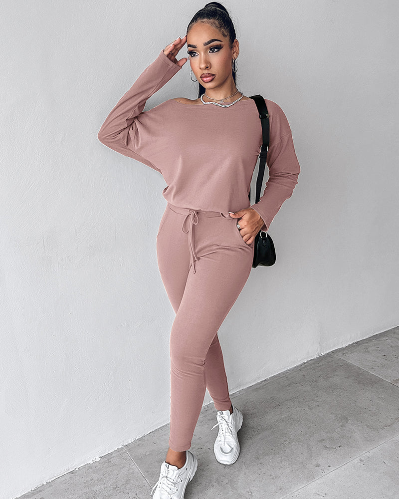 2-Piece Asymmetrical Neck Sweater and Drawstring Slim-Fit Pants Set