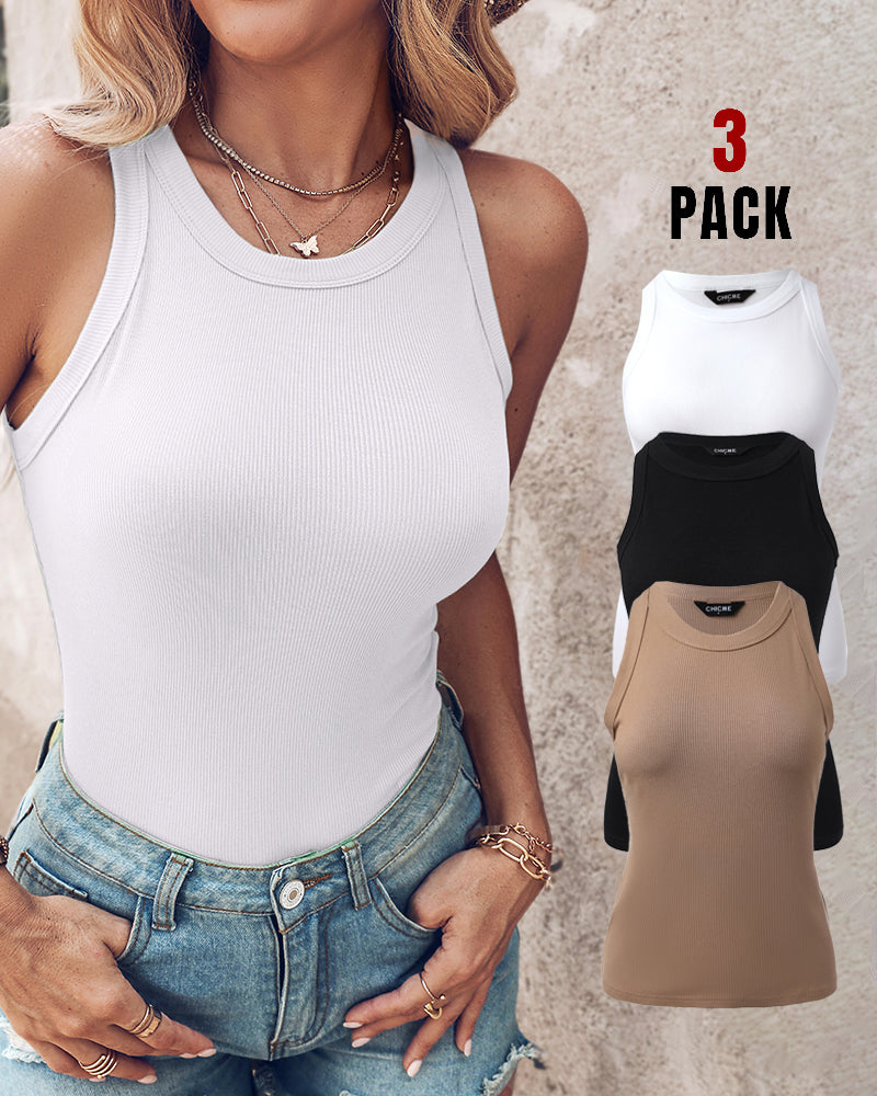 3-Pack Knit Racerback Tank Tops, Round Neck, Thick Straps