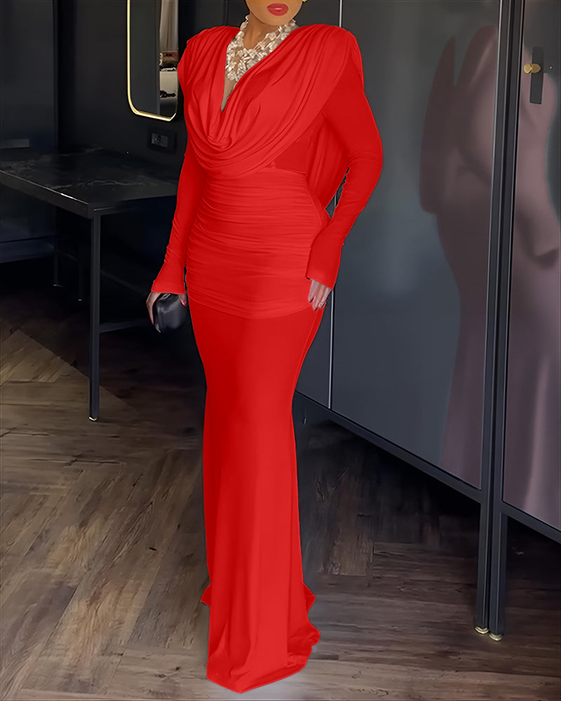 Padded Shoulder Cowl Neck Ruched Backless Maxi Dress