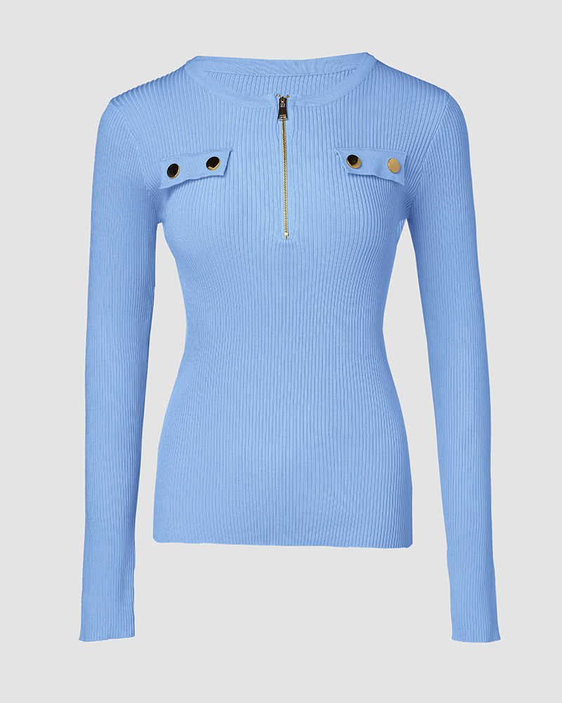 Half-Zip Ribbed Knit Crewneck Sweater with Flap Detail Pullover.