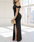 Pearl Strap Cowl Neck Bodycon Dress with High Slit Evening