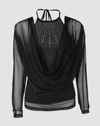 Sheer Mesh-Back Rhinestone Halter Tee with Cowl Neck