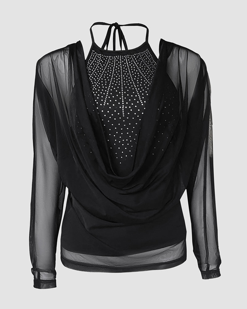 Sheer Mesh-Back Rhinestone Halter Tee with Cowl Neck