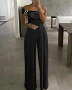 Buckled Cold Shoulder Ruched Wide-Leg Fashion Jumpsuit