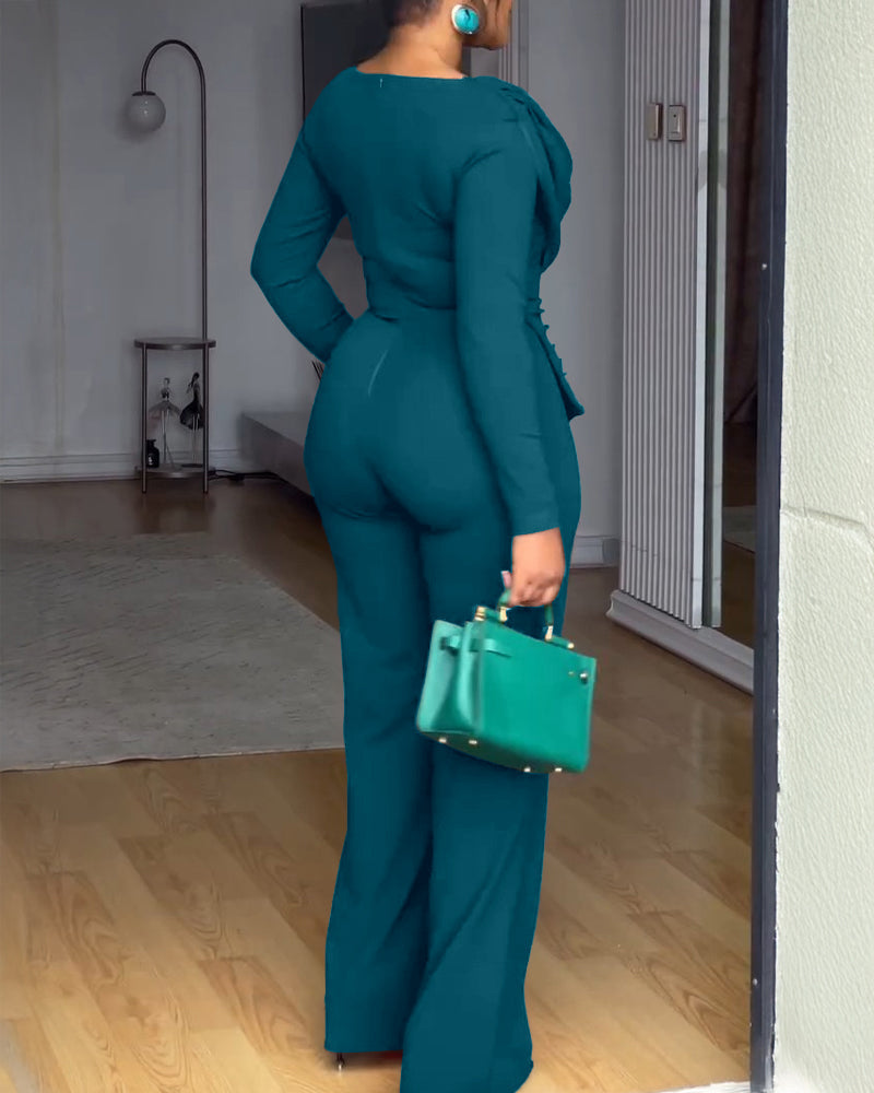 Cowl Neck Asymmetrical Cinched Waist Wide Leg Zippered Jumpsuit