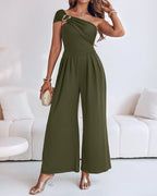 Buckled Cold Shoulder Ruched Wide-Leg Fashion Jumpsuit