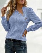 Asymmetrical Button Detail Ribbed V-Neck Long Sleeve Knit Tee