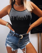 Round Neck Embellished Rhinestone Skinny Tank Top