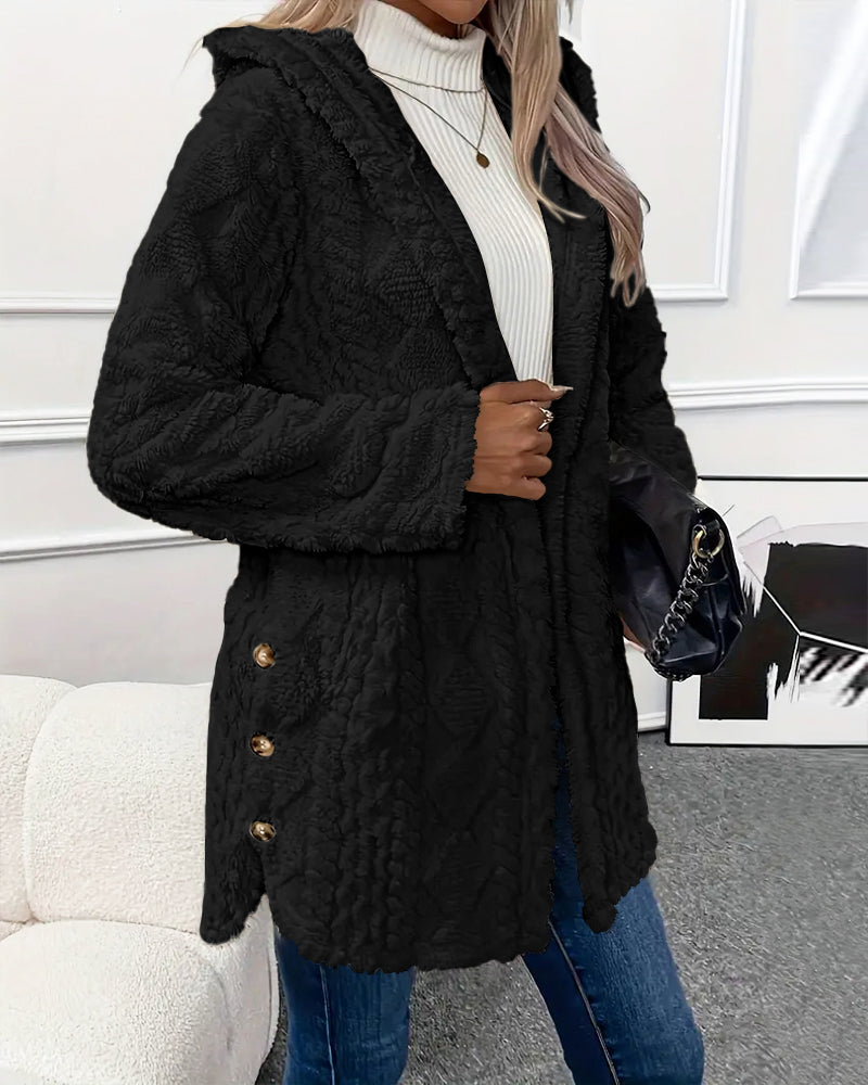 Argyle Hooded Teddy Coat with Buttoned Slits