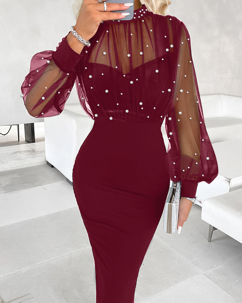 Mock Neck Beaded Mesh Bodycon Dress with Rear Zipper