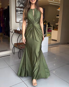 Satin Sleeveless Mermaid Dress with Hollow-Out Twist Front Detail