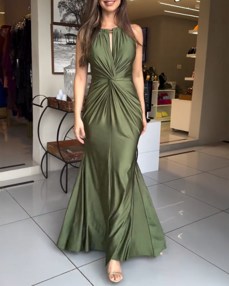 Satin Sleeveless Mermaid Dress with Hollow-Out Twist Front Detail