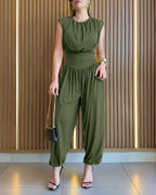 Padded Shoulder Sleeveless Jumpsuit with Cinched Waist and Side Slit