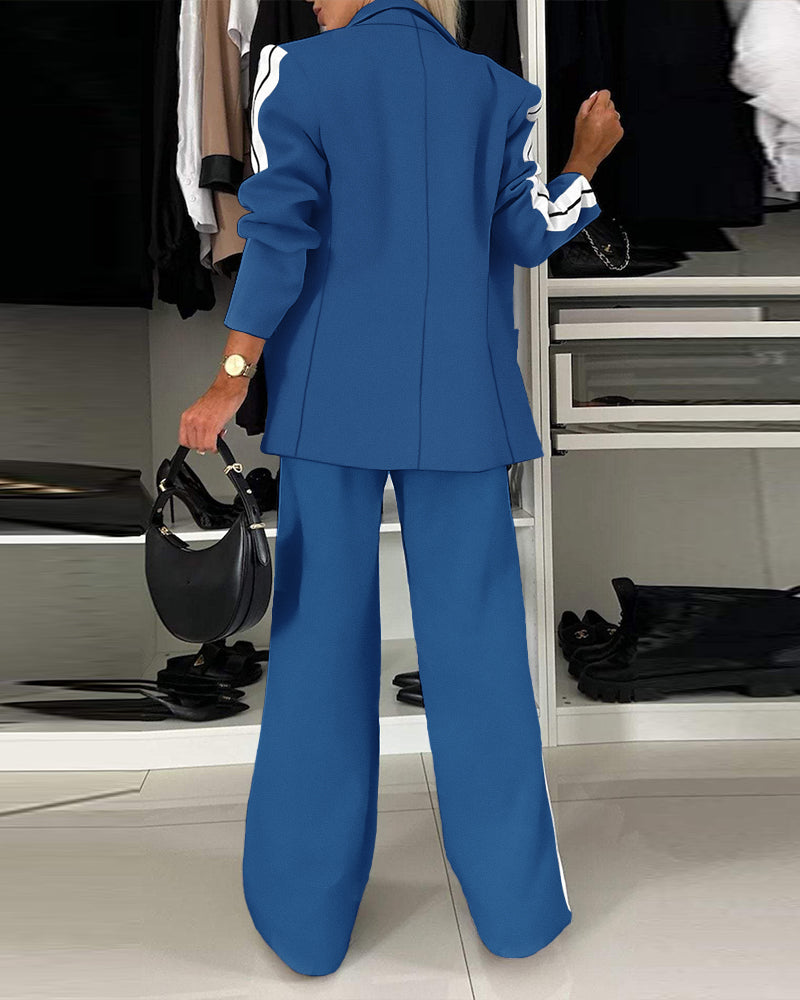 Striped Notched Collar Blazer with Coordinating Wide Leg Pants Set