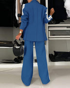 Striped Notched Collar Blazer with Coordinating Wide Leg Pants Set