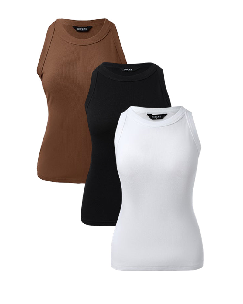 3-Pack Knit Racerback Tank Tops, Round Neck, Thick Straps