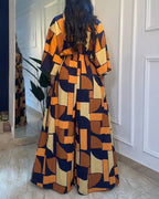 Geometric Colorblock V-Neck Batwing Waist-Cinched Jumpsuit