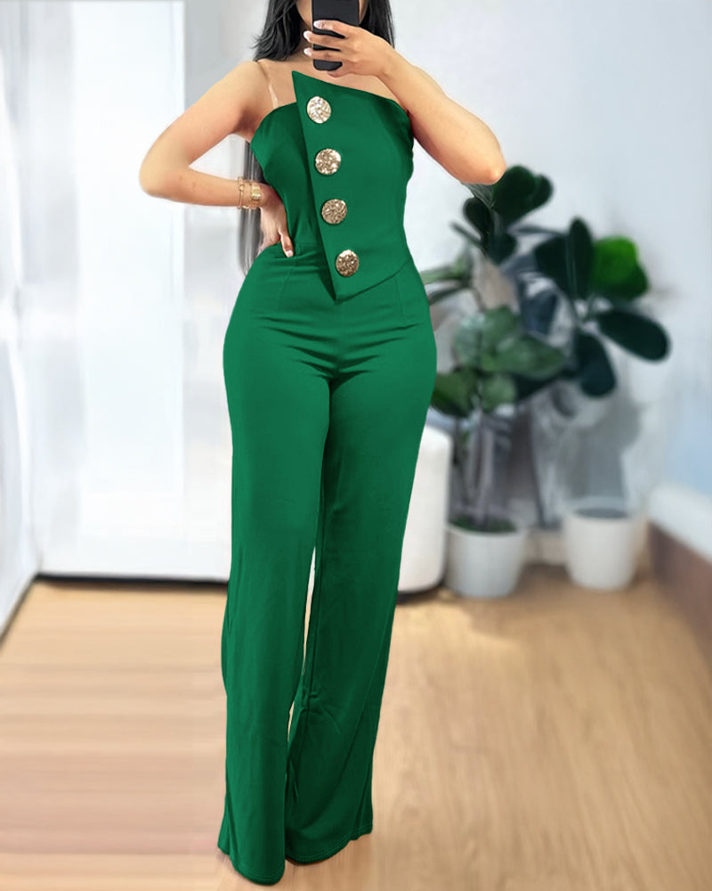 Asymmetrical Strapless Overalls with Metal Button Accents
