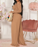 Pearl-Adorned Asymmetrical Neck Ruched Jumpsuit with Cinched Waist