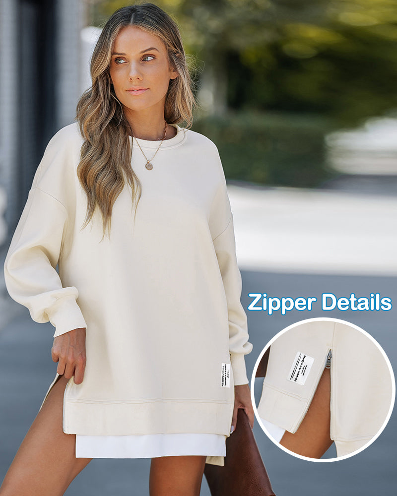 Drop Shoulder Zip-Side Long Sleeve Pullover with Slit Detail.