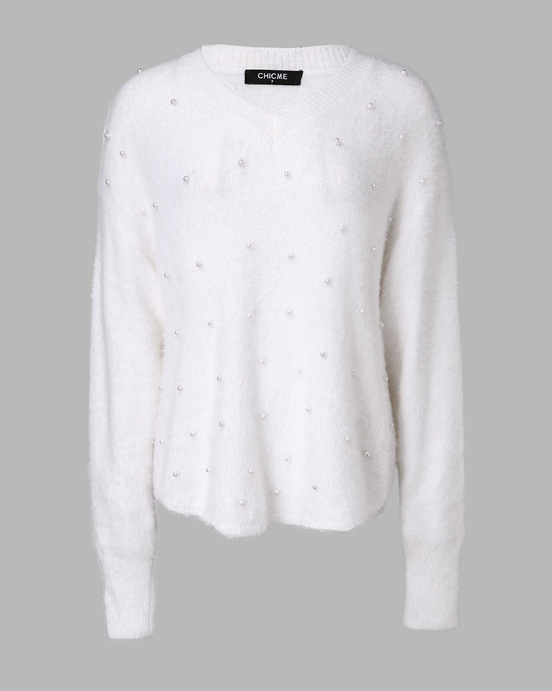 V-Neck Beaded Long Sleeve Fluffy Oversized Pullover Sweater