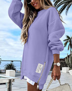 Drop Shoulder Zip-Side Long Sleeve Pullover with Slit Detail.