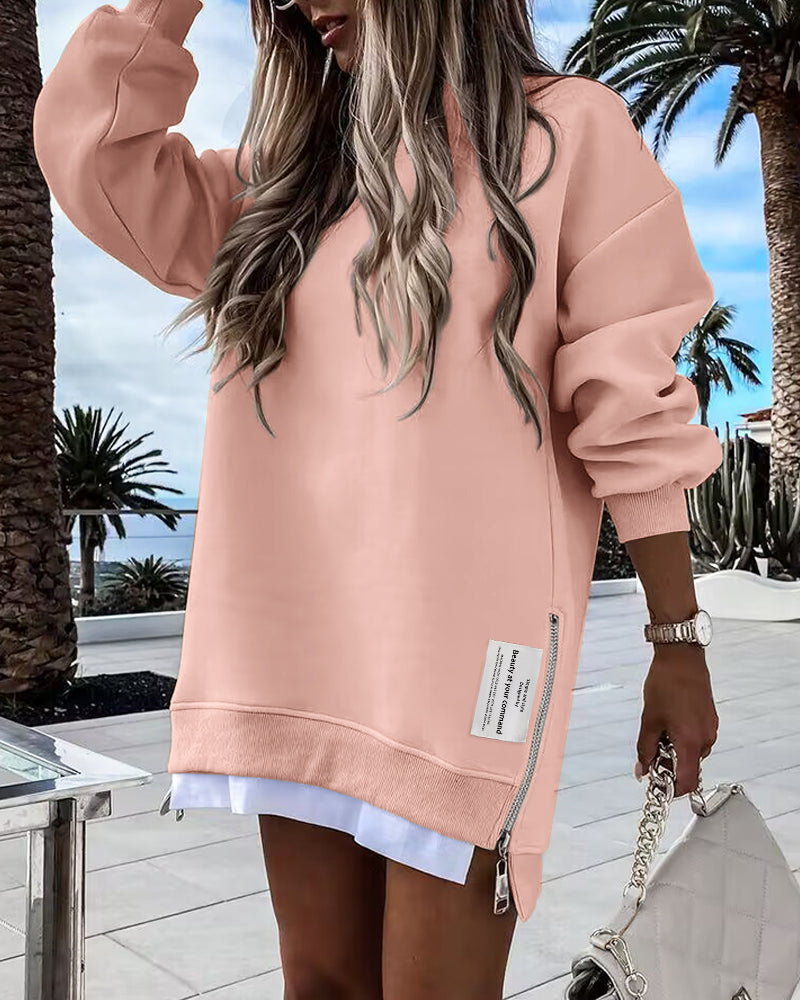 Drop Shoulder Zip-Side Long Sleeve Pullover with Slit Detail.