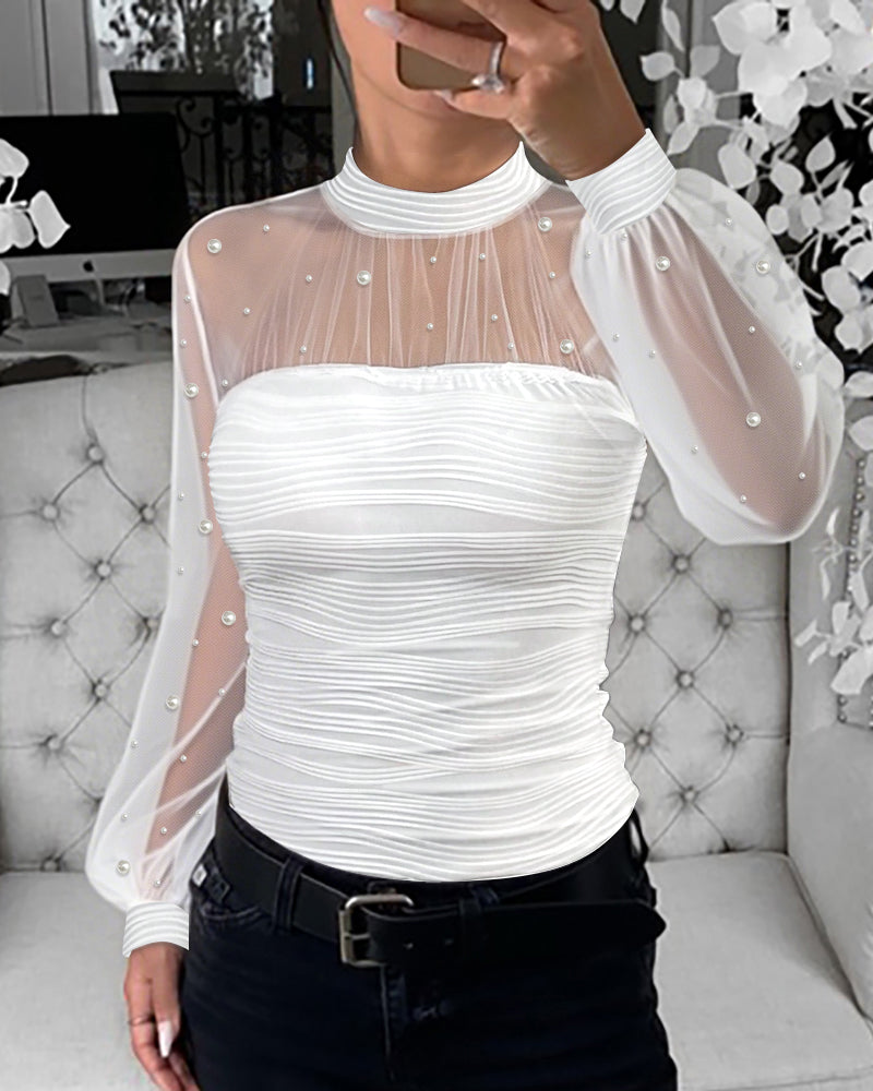 Pearl-Embellished Mesh-Inset Ruched Tee with Open-Back Detail