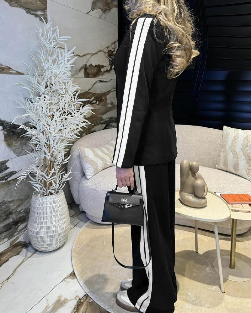 Striped Notched Collar Blazer with Coordinating Wide Leg Pants Set