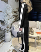 Striped Notched Collar Blazer with Coordinating Wide Leg Pants Set